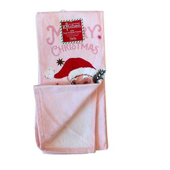 Set of 2  Pink Santa Christmas Kitchen Towels 18x28 Cotton Reto Holiday New - Picture 10 of 12